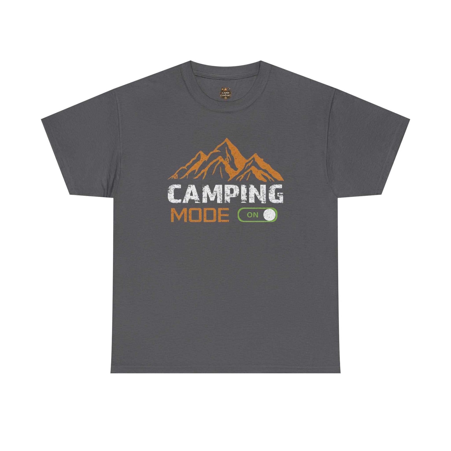 "The Camping Mode On T-Shirt | Mountain Graphic Outdoor Adventure Shirt featuring a rustic mountain peak design on a soft, high-quality fabric."