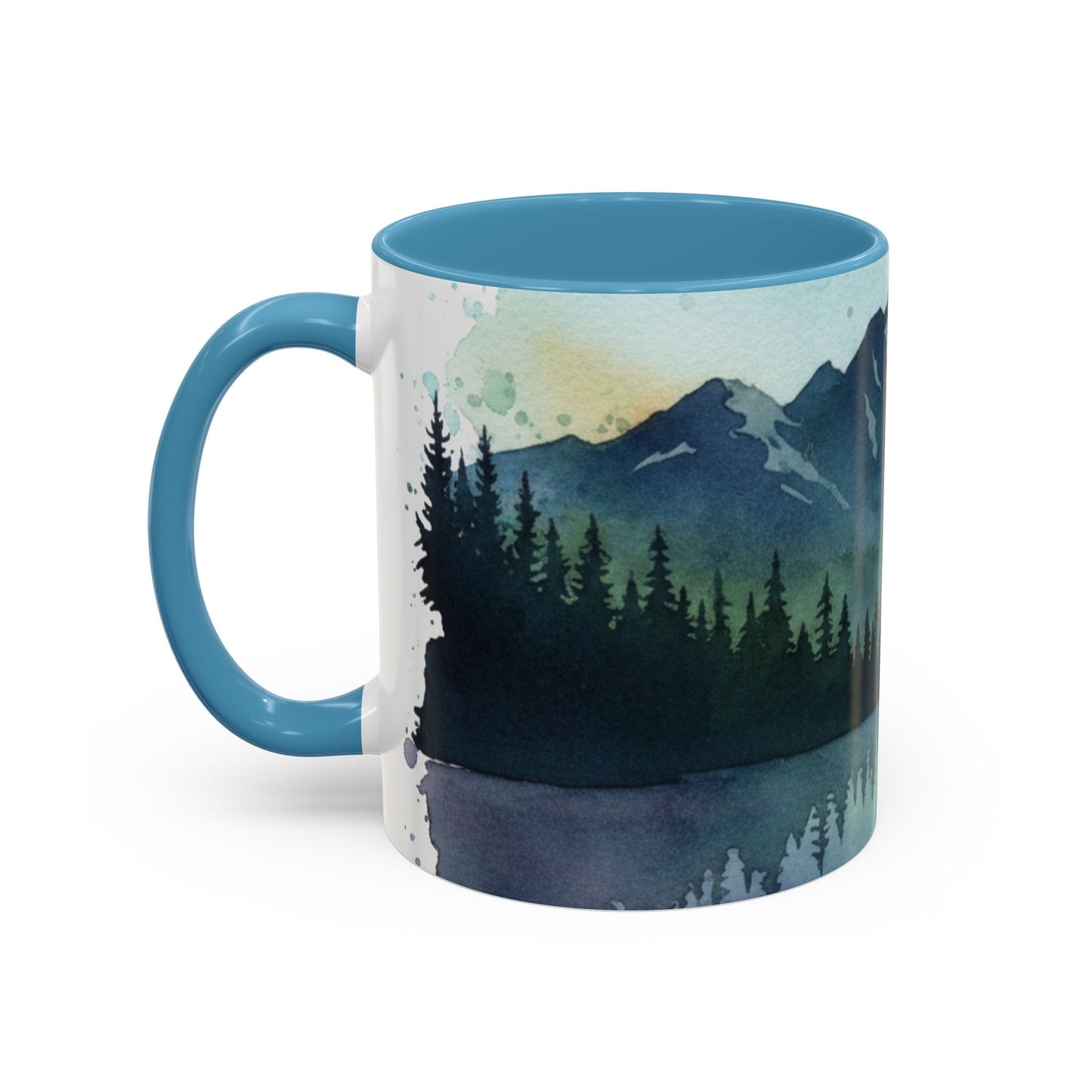 Mountain Lake Camping Accent Coffee Mug — Watercolor Outdoors Travel Mug (11/15oz)