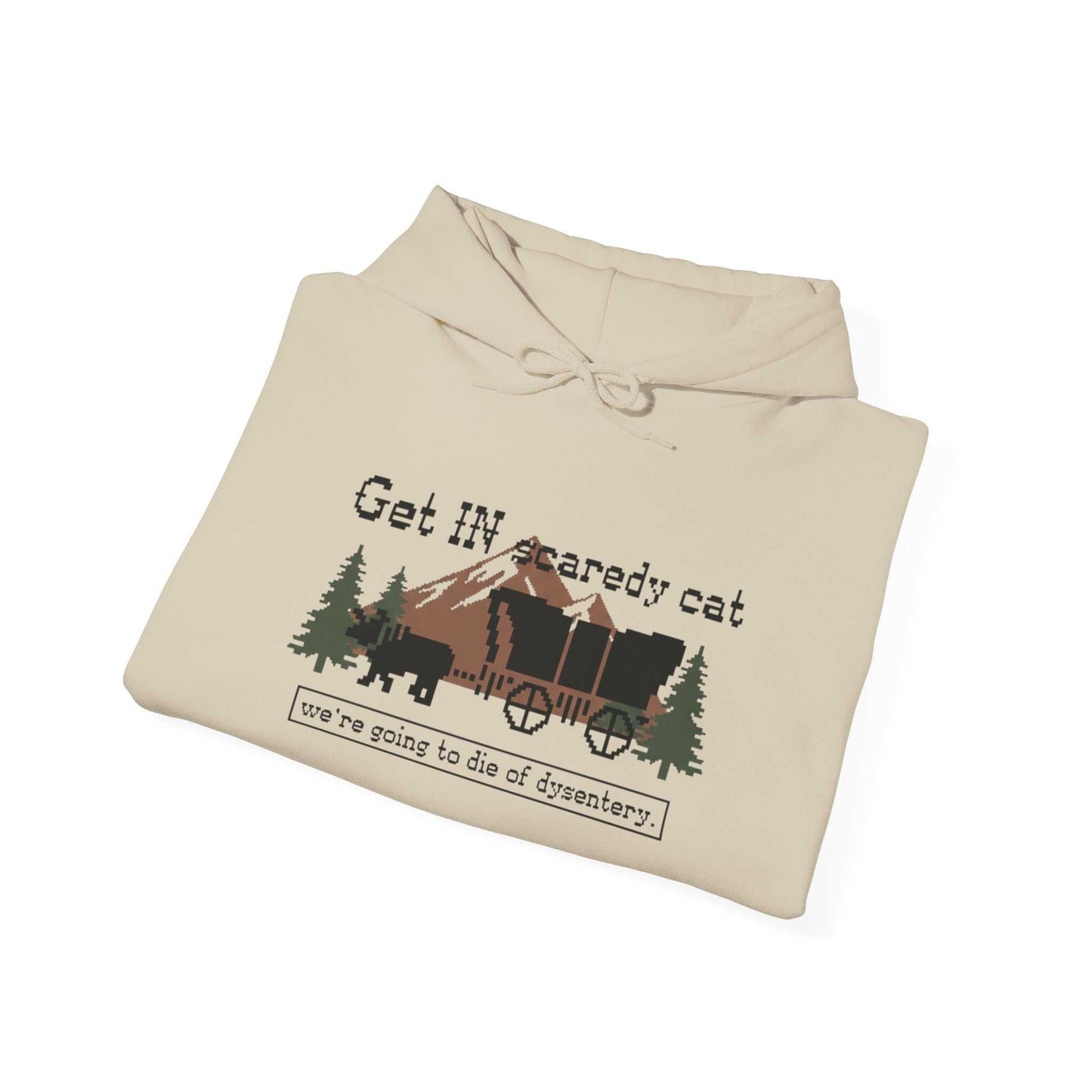 Retro Oregon Trail Dysentery Graphic Pullover in sand with light blue and pink Scaredy Cat wagon illustration.