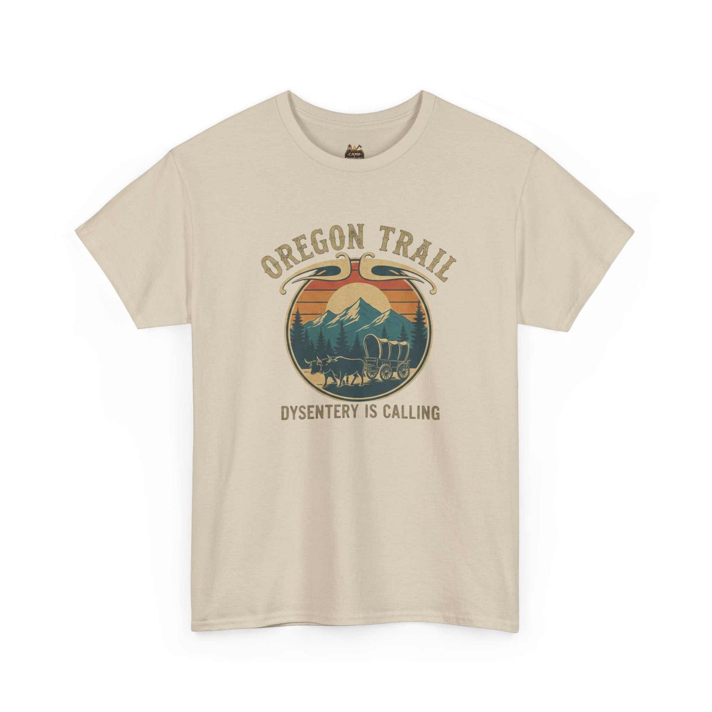 "The Oregon Trail Vintage Sunset Wagon Tee Dysentery Is Calling featuring a retro pixel-art wagon on a soft, high-quality t-shirt."