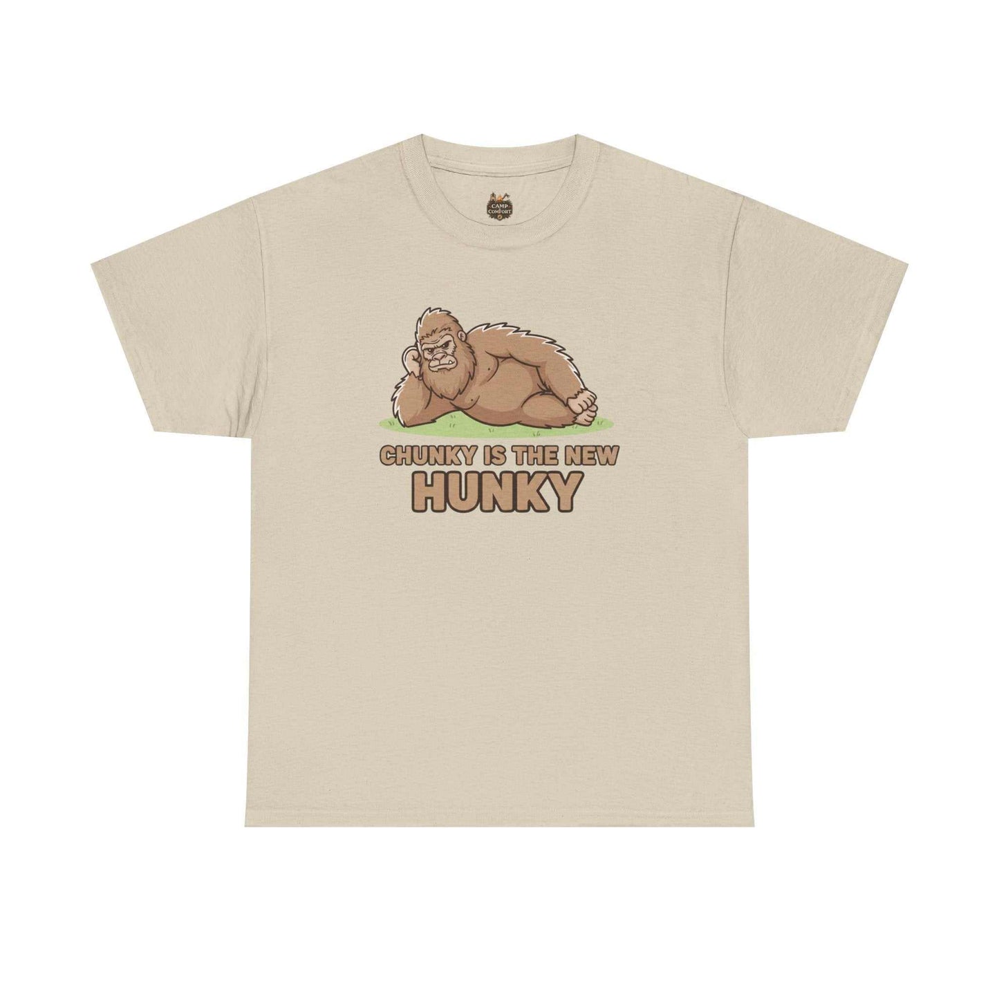 Chunky Is The New Hunky T-Shirt featuring funny Bigfoot Sasquatch design, durable and soft cotton tee for outdoors and casual wear.