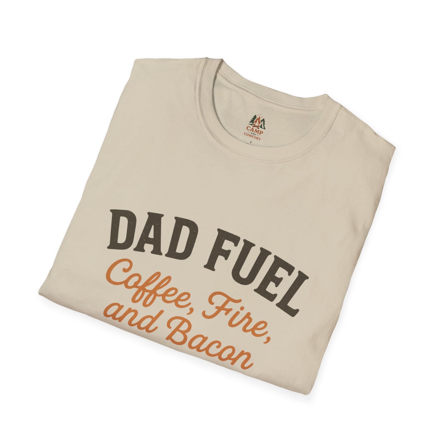 Dad Fuel T-Shirt | Funny Gift for Fathers | Coffee Fire and Bacon Tee | Unisex Softstyle Tee | Great for Birthdays and Father's Day