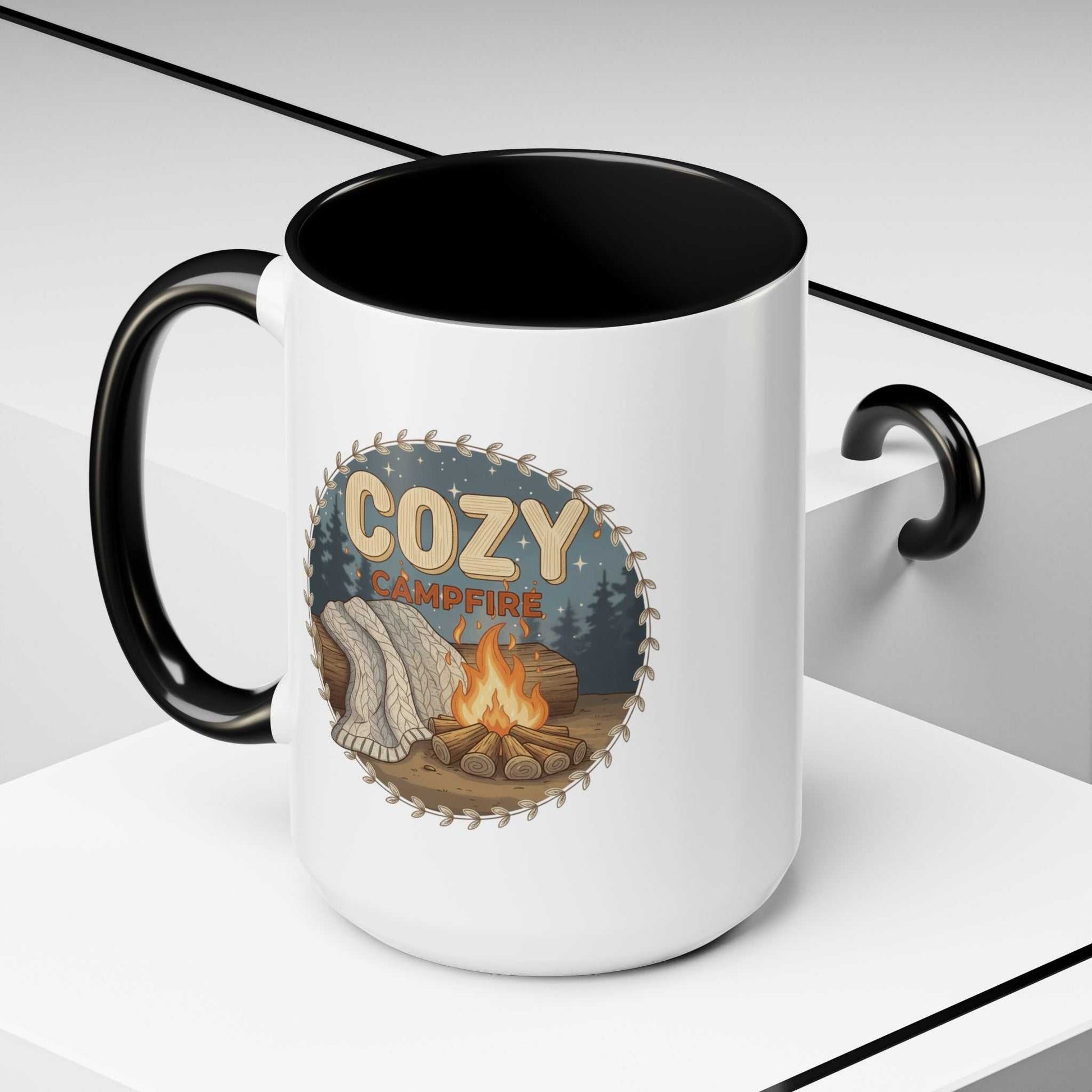 Cozy Campfire Coffee Mug with speckled ceramic and black rim ideal for outdoor adventure and camping