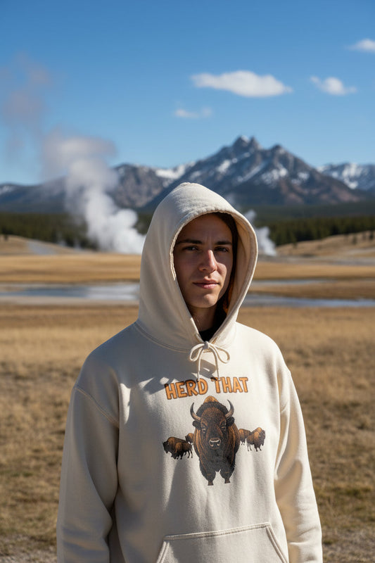 Yellowstone fan hoodie with vintage bison silhouette and Herd That! logo