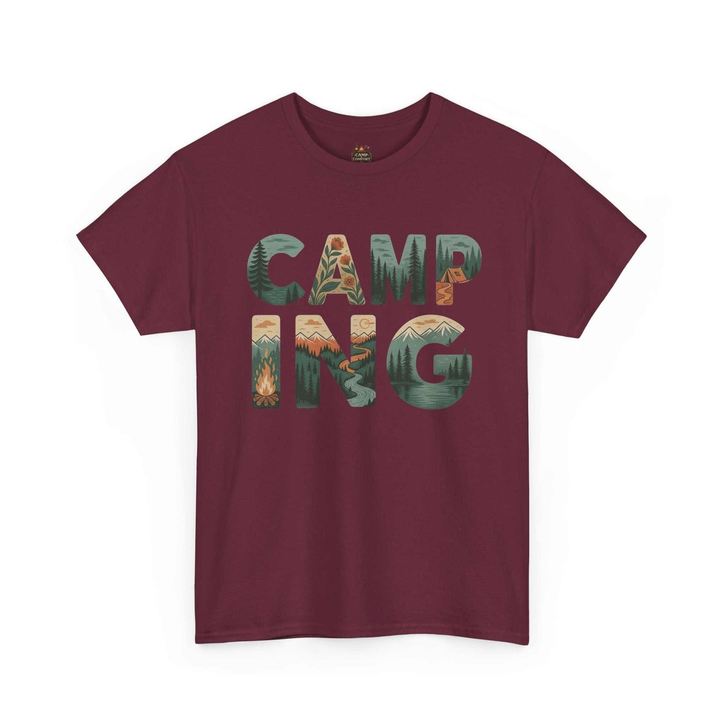 "The Camping Typography Tee Outdoor Nature Graphic Shirt in a soft heathered fabric, featuring a clean, rustic typography design with mountain and forest elements."