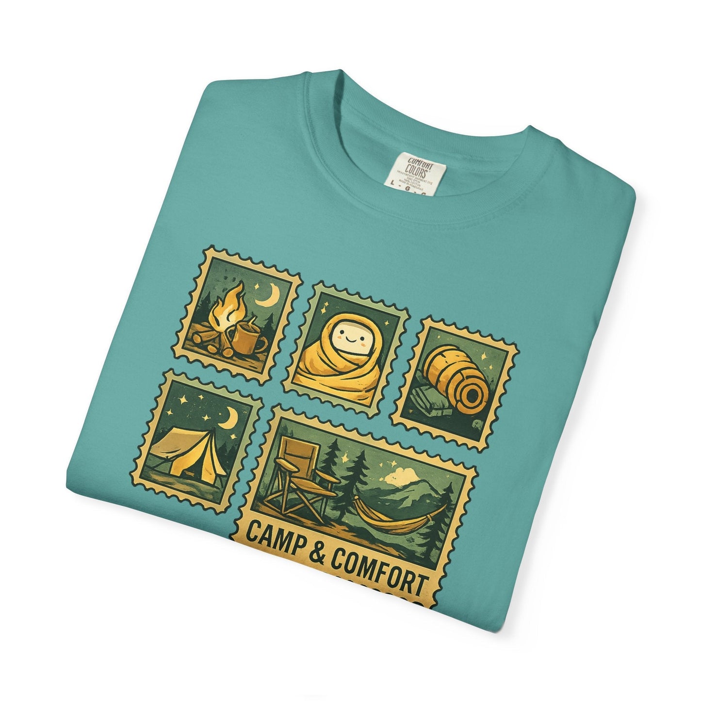 "The Camp & Comfort camping stamps T-Shirt Vintage Outdoors Design featuring a collection of retro-style camping stamps on a high-quality cotton tee."