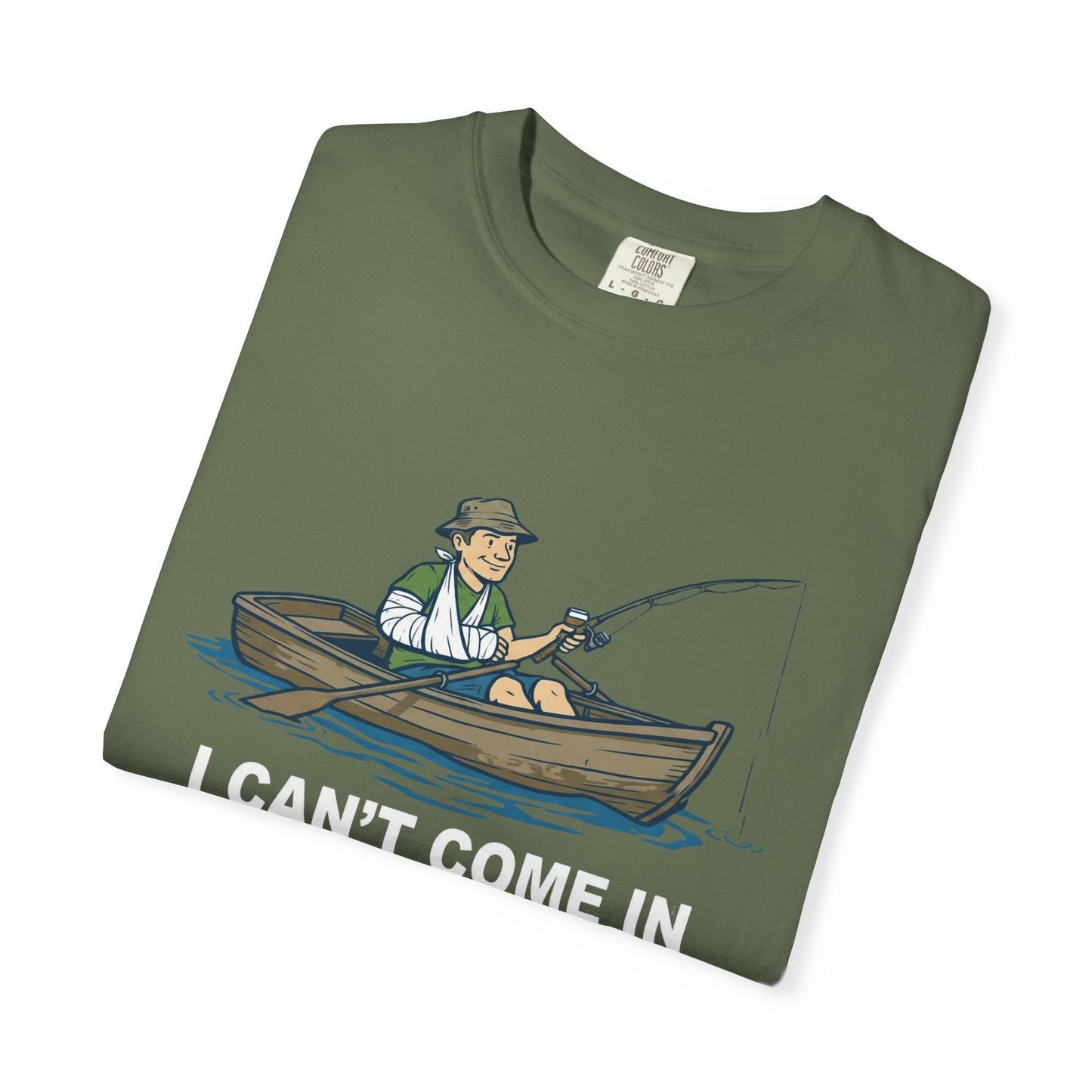 "The I Can't Come In To Work Today My Arm's In A Cast T-Shirt featuring a funny fisherman graphic on a soft cotton tee."