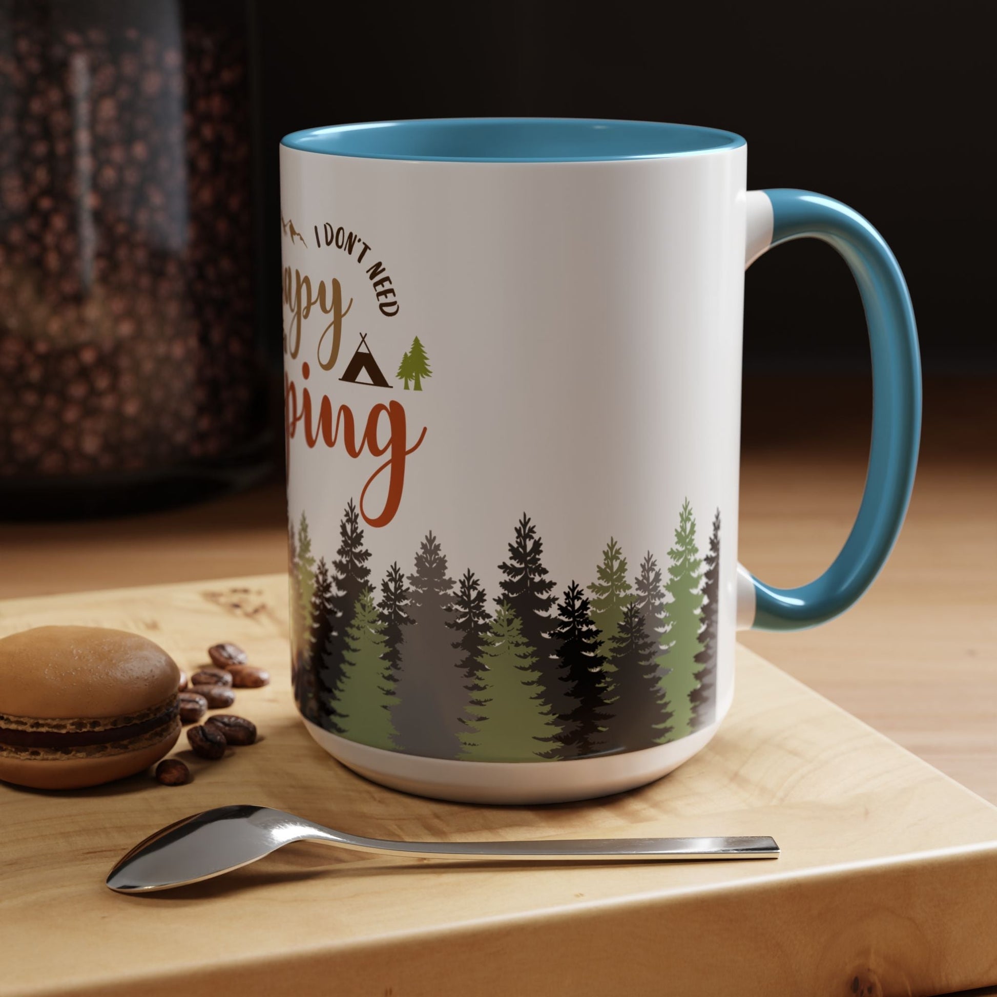 A person holding the I Don't Need Therapy I Just Need To Go Camping Mug next to a morning campfire.