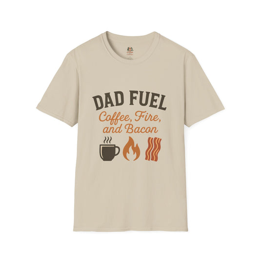 Dad Fuel T-Shirt with coffee, fire, and bacon design on soft, unisex casual tee for Father's Day gift