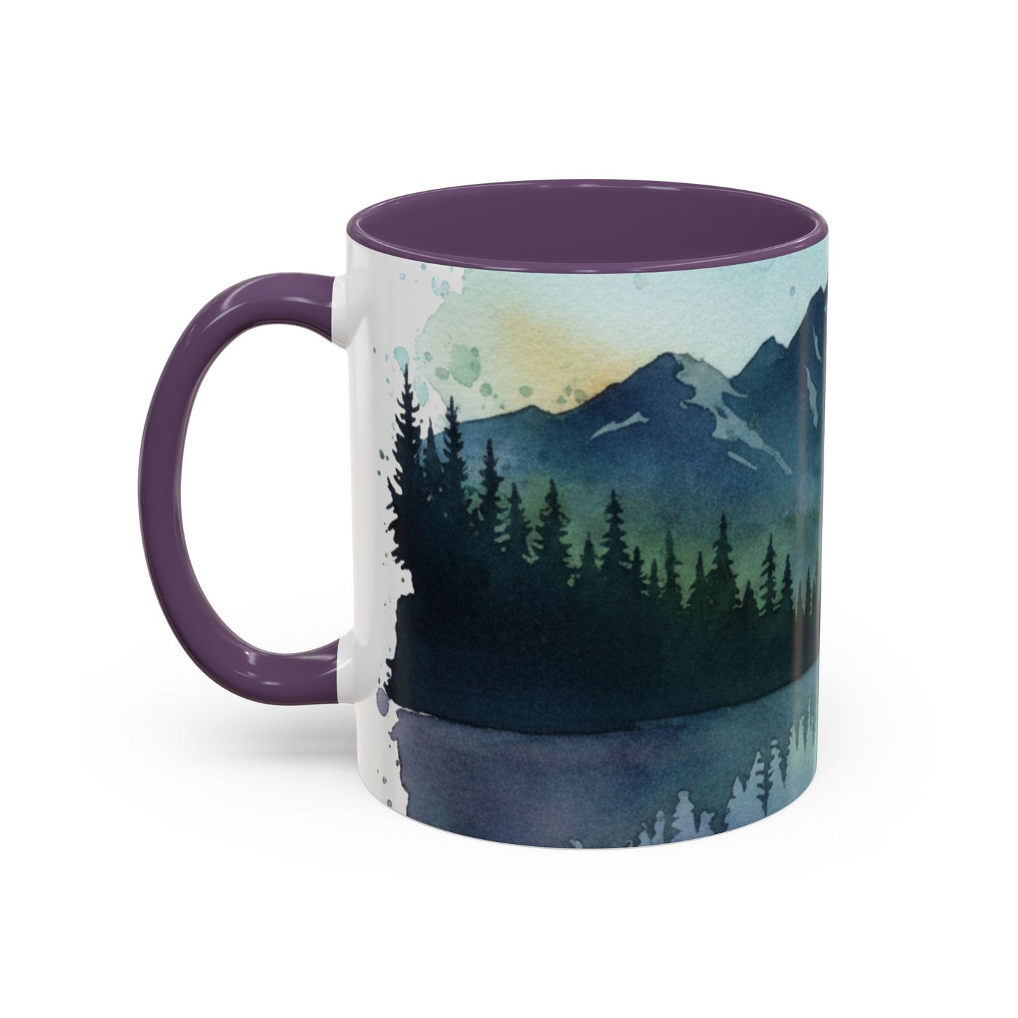 Mountain Lake Camping Accent Coffee Mug — Watercolor Outdoors Travel Mug (11/15oz)