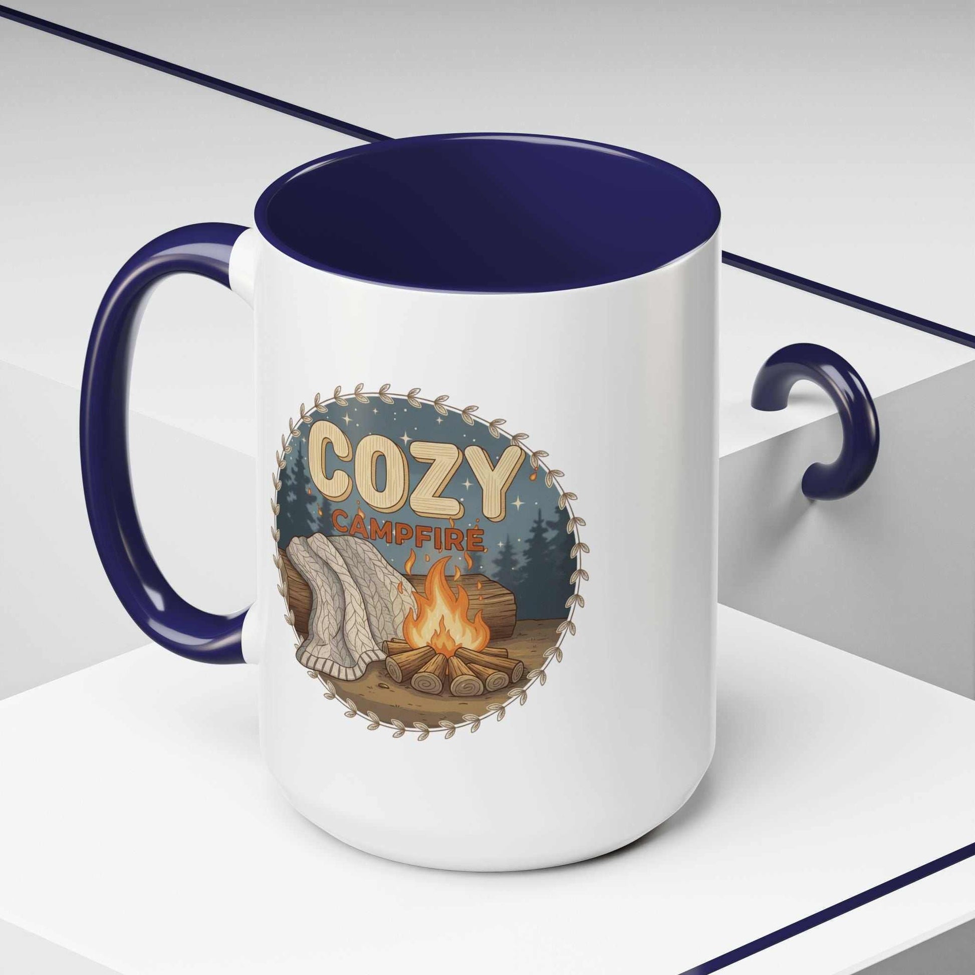 Cozy Campfire Coffee Mug with rugged speckled ceramic and black rim, perfect for outdoor adventures and camping.