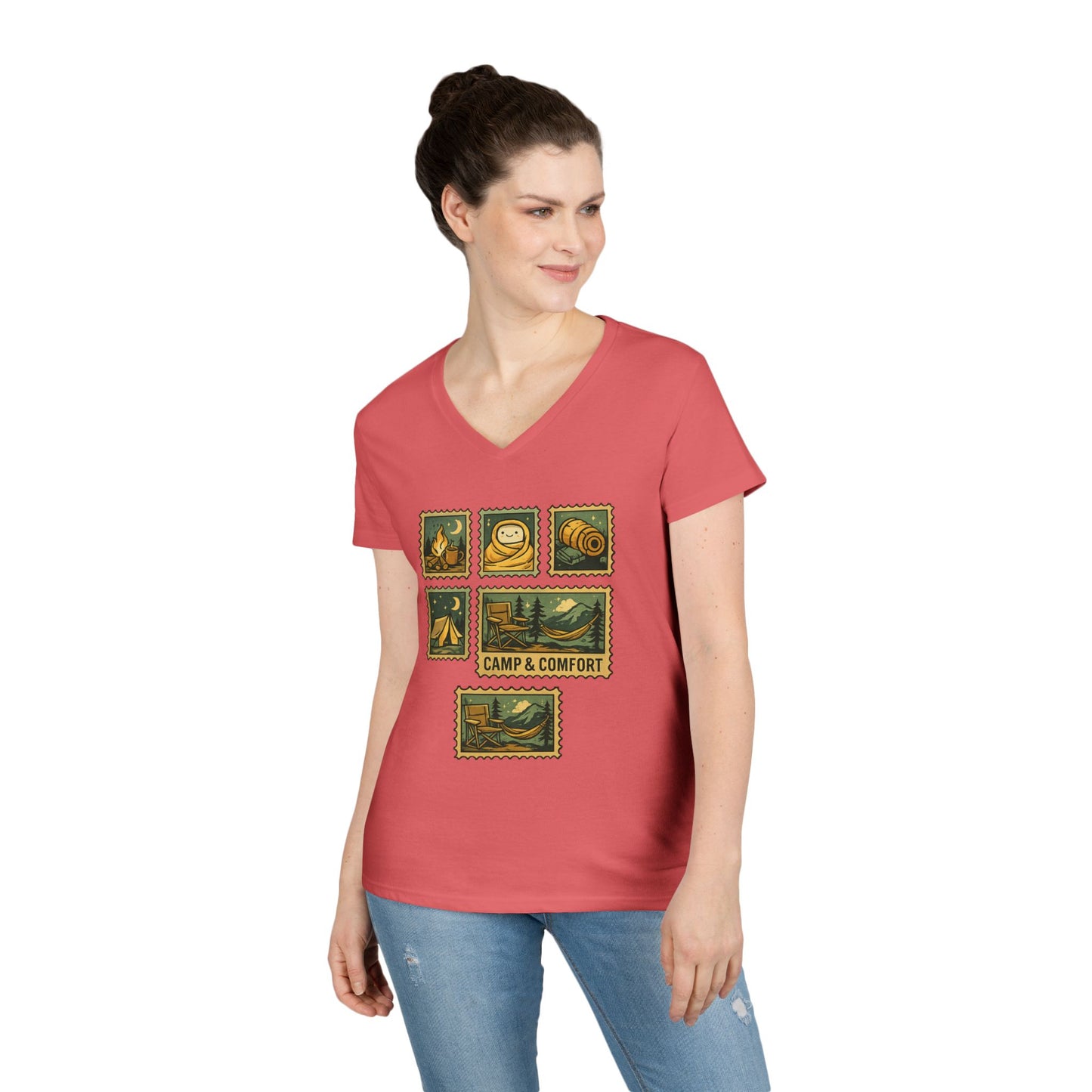 Camp & Comfort Women's V-Neck Tee — Retro Camping Patch Graphic