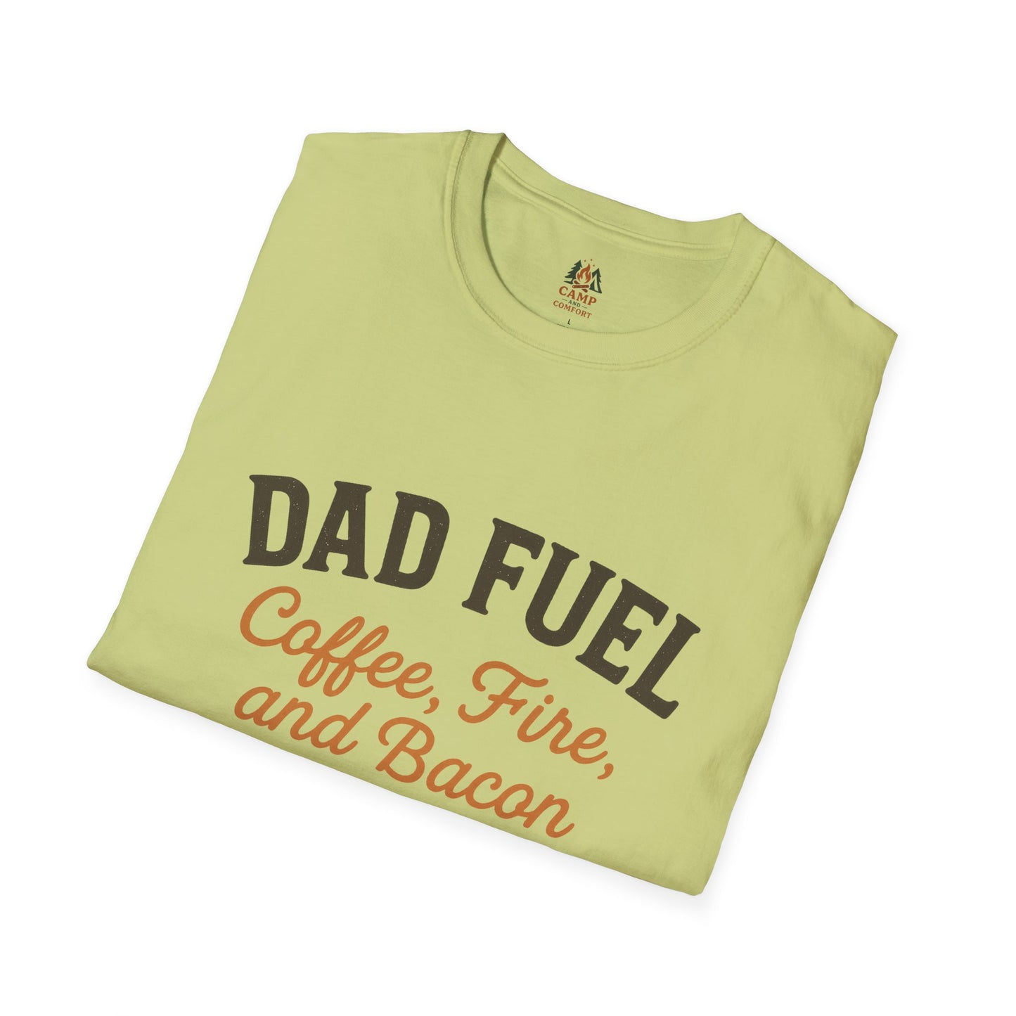 Dad Fuel T-Shirt | Funny Gift for Fathers | Coffee Fire and Bacon Tee | Unisex Softstyle Tee | Great for Birthdays and Father's Day
