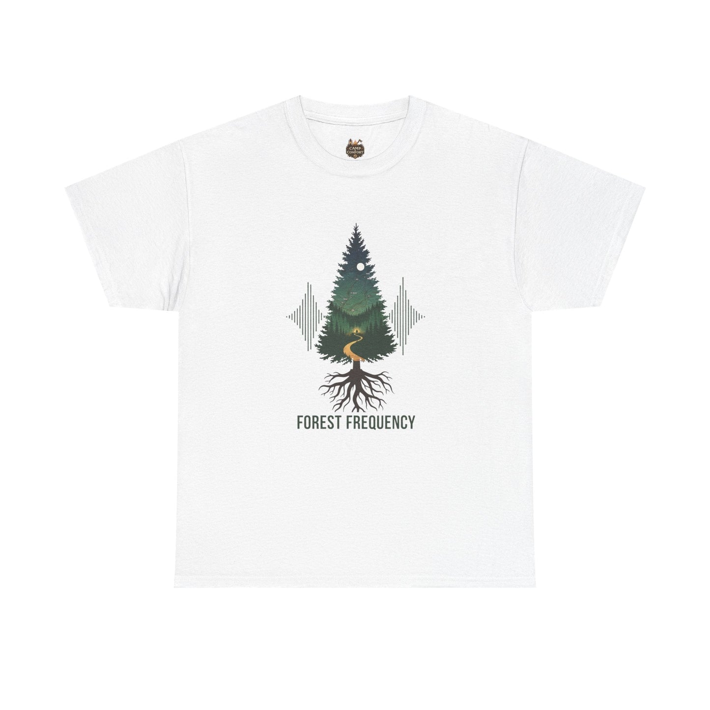 Forest Frequency T-Shirt with pine tree roots and soundwave design on cotton tee