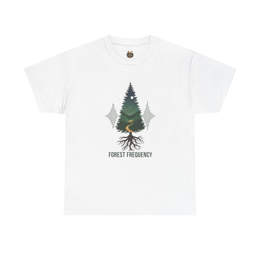 Forest Frequency T-Shirt with pine tree roots and soundwave design on cotton tee