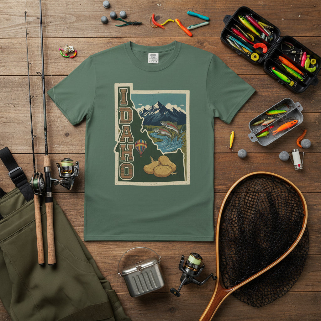 Idaho State Tee with scenic mountain and potato graphic on soft cotton fabric