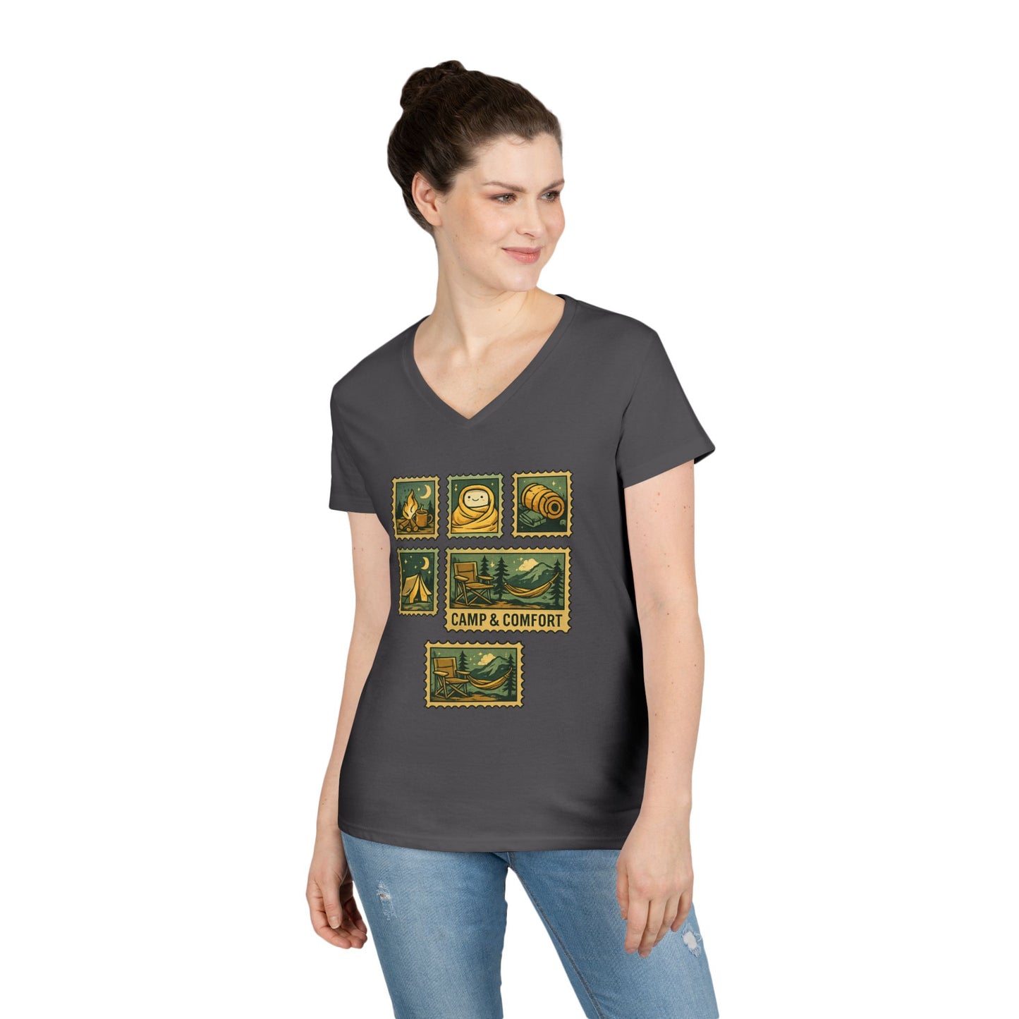 Camp & Comfort Women's V-Neck Tee — Retro Camping Patch Graphic