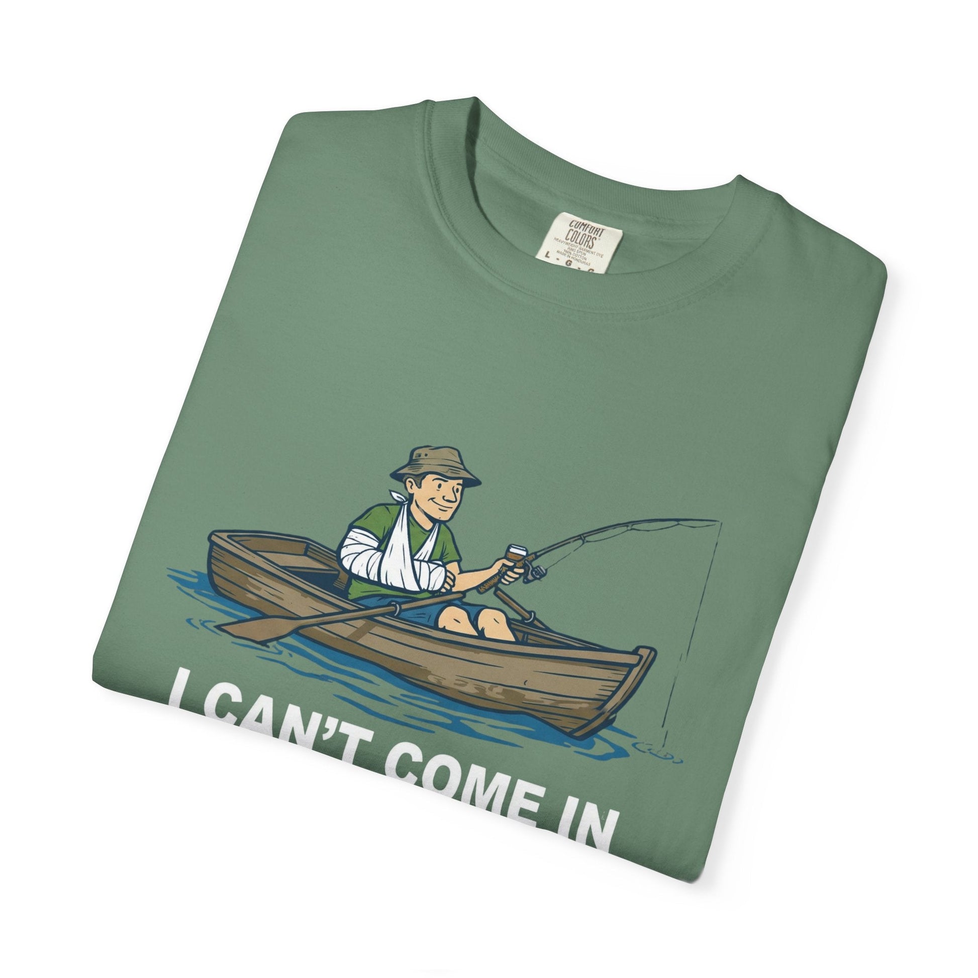 "The I Can't Come In To Work Today My Arm's In A Cast T-Shirt featuring a funny fisherman graphic on a soft cotton tee."