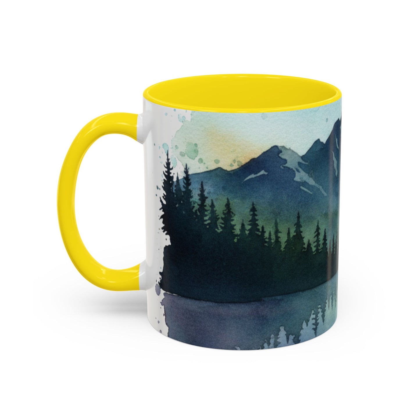 Mountain Lake Camping Accent Coffee Mug — Watercolor Outdoors Travel Mug (11/15oz)