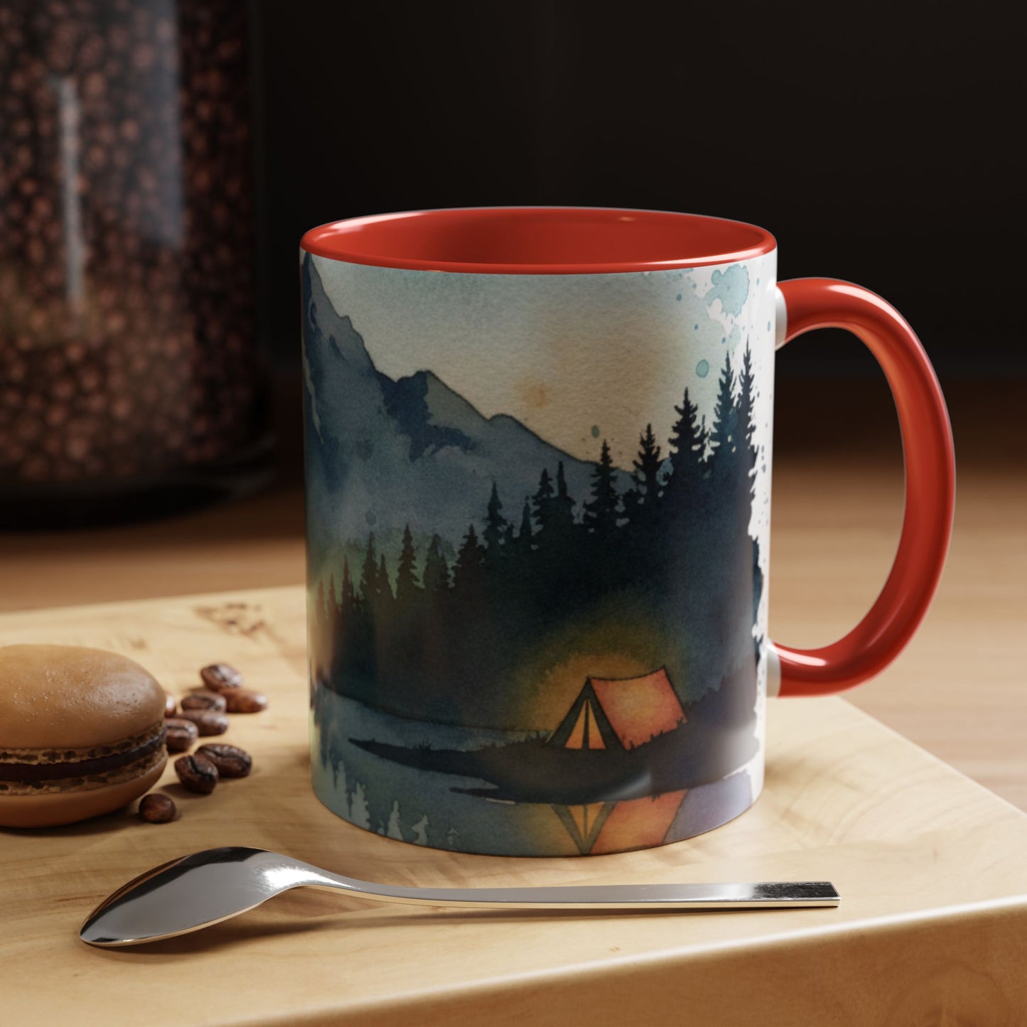 Mountain Lake Camping Accent Coffee Mug — Watercolor Outdoors Travel Mug (11/15oz)