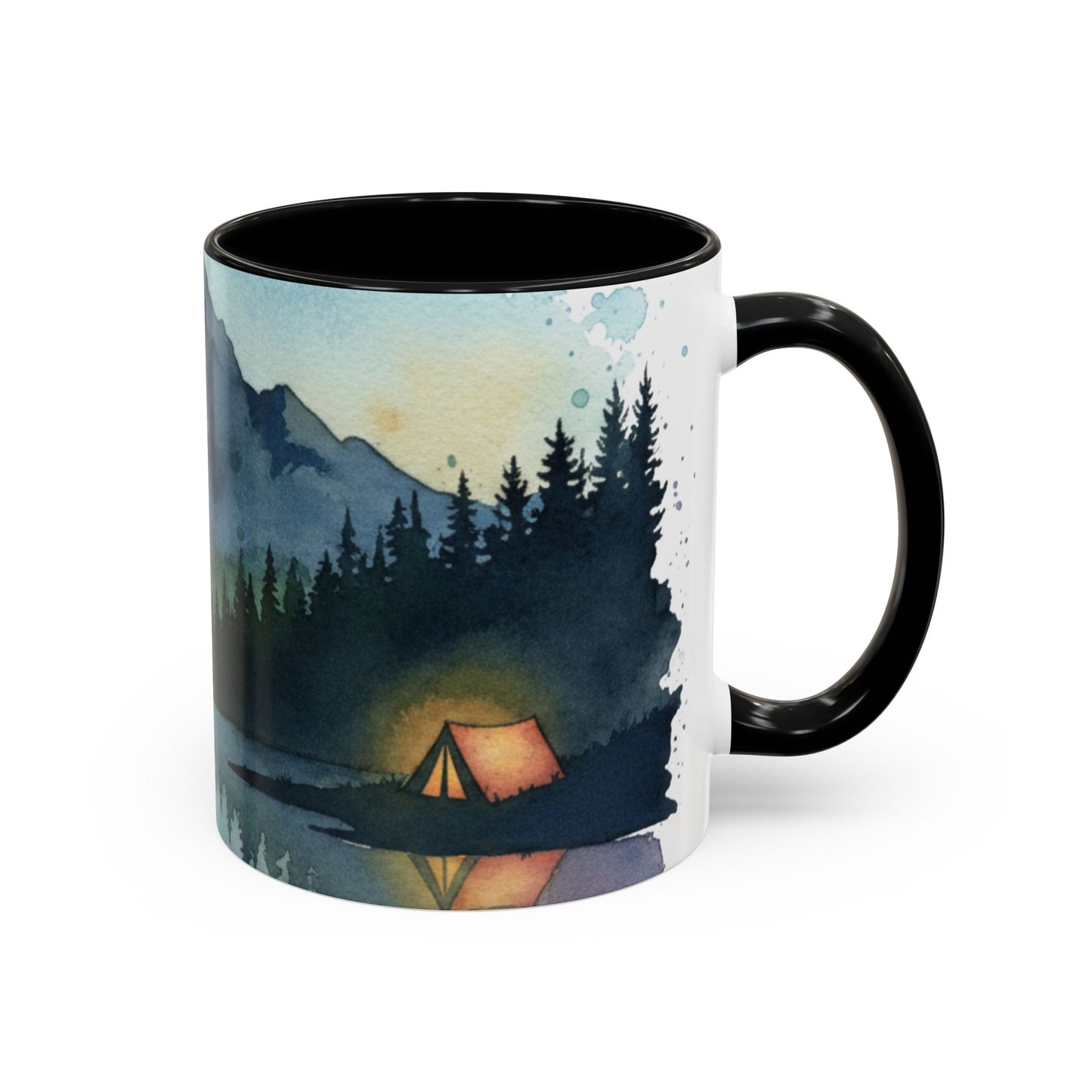 Mountain Lake Camping Accent Coffee Mug — Watercolor Outdoors Travel Mug (11/15oz)