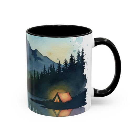 Mountain Lake Camping Accent Coffee Mug — Watercolor Outdoors Travel Mug (11/15oz)