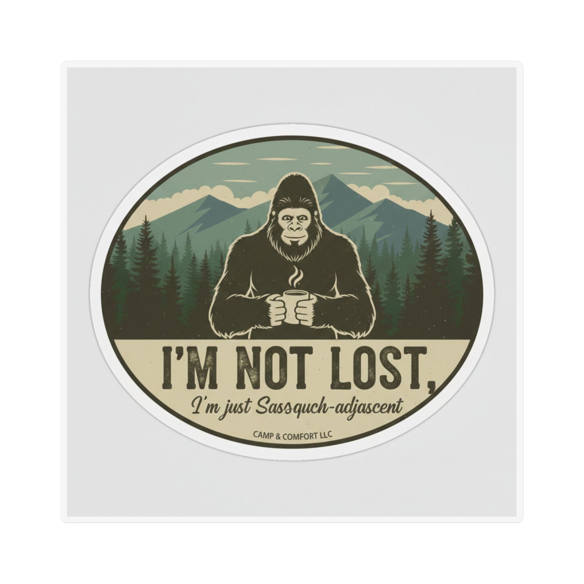 Bigfoot 'I'm Not Lost' Magnet featuring a silhouette of Sasquatch and vintage-style text."