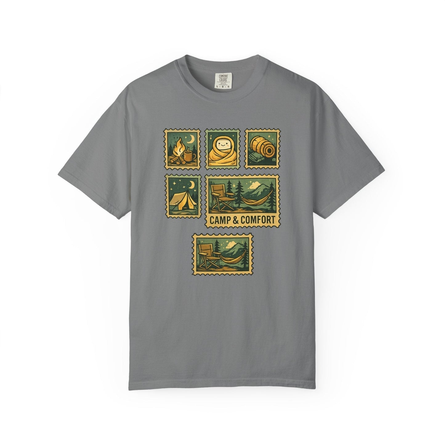 "The Camp & Comfort camping stamps T-Shirt Vintage Outdoors Design featuring a collection of retro-style camping stamps on a high-quality cotton tee."
