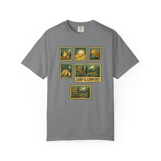 "The Camp & Comfort camping stamps T-Shirt Vintage Outdoors Design featuring a collection of retro-style camping stamps on a high-quality cotton tee."