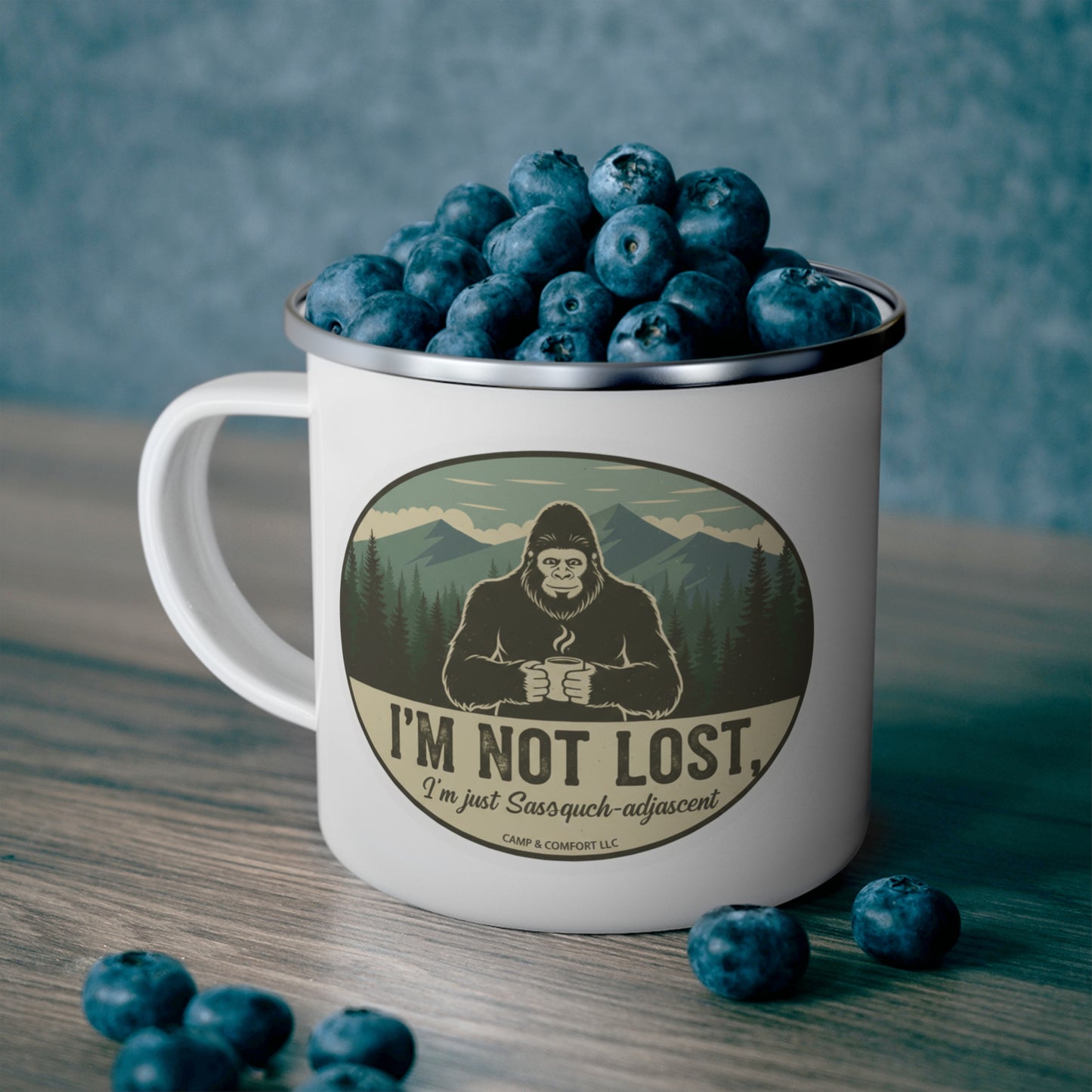 Enamel Mug — 'I’m Not Lost, I’m Just Sasquatch-adjacent' Camping Coffee Cup