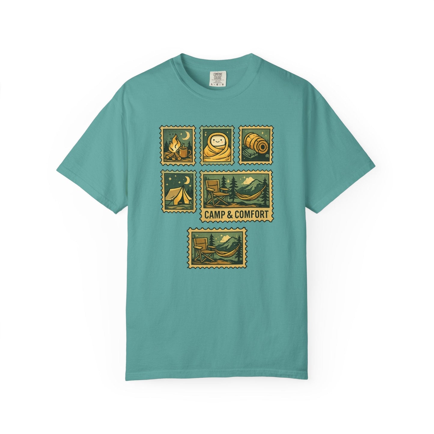 "The Camp & Comfort camping stamps T-Shirt Vintage Outdoors Design featuring a collection of retro-style camping stamps on a high-quality cotton tee."