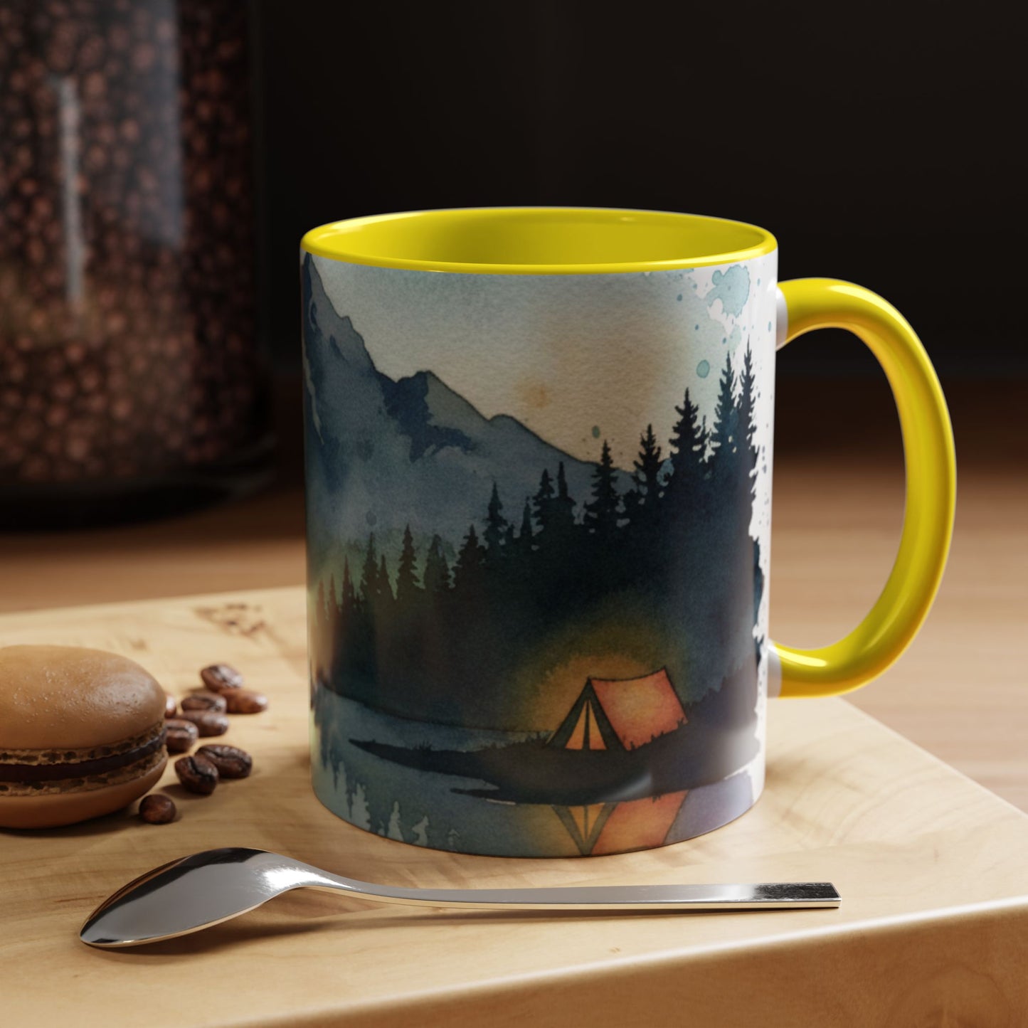 Mountain Lake Camping Accent Coffee Mug — Watercolor Outdoors Travel Mug (11/15oz)