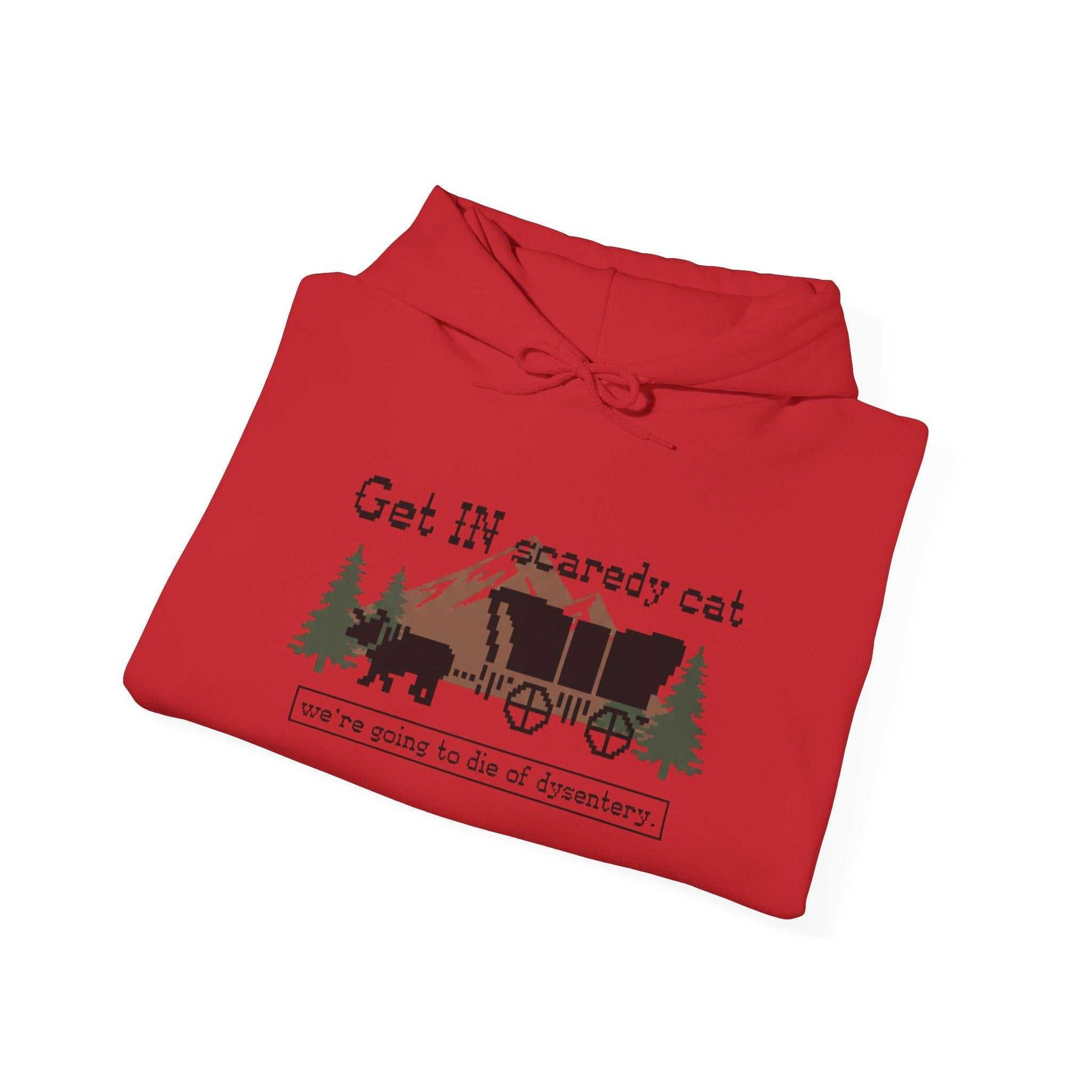 Retro Oregon Trail Dysentery Graphic Pullover in sand with light blue and pink Scaredy Cat wagon illustration.
