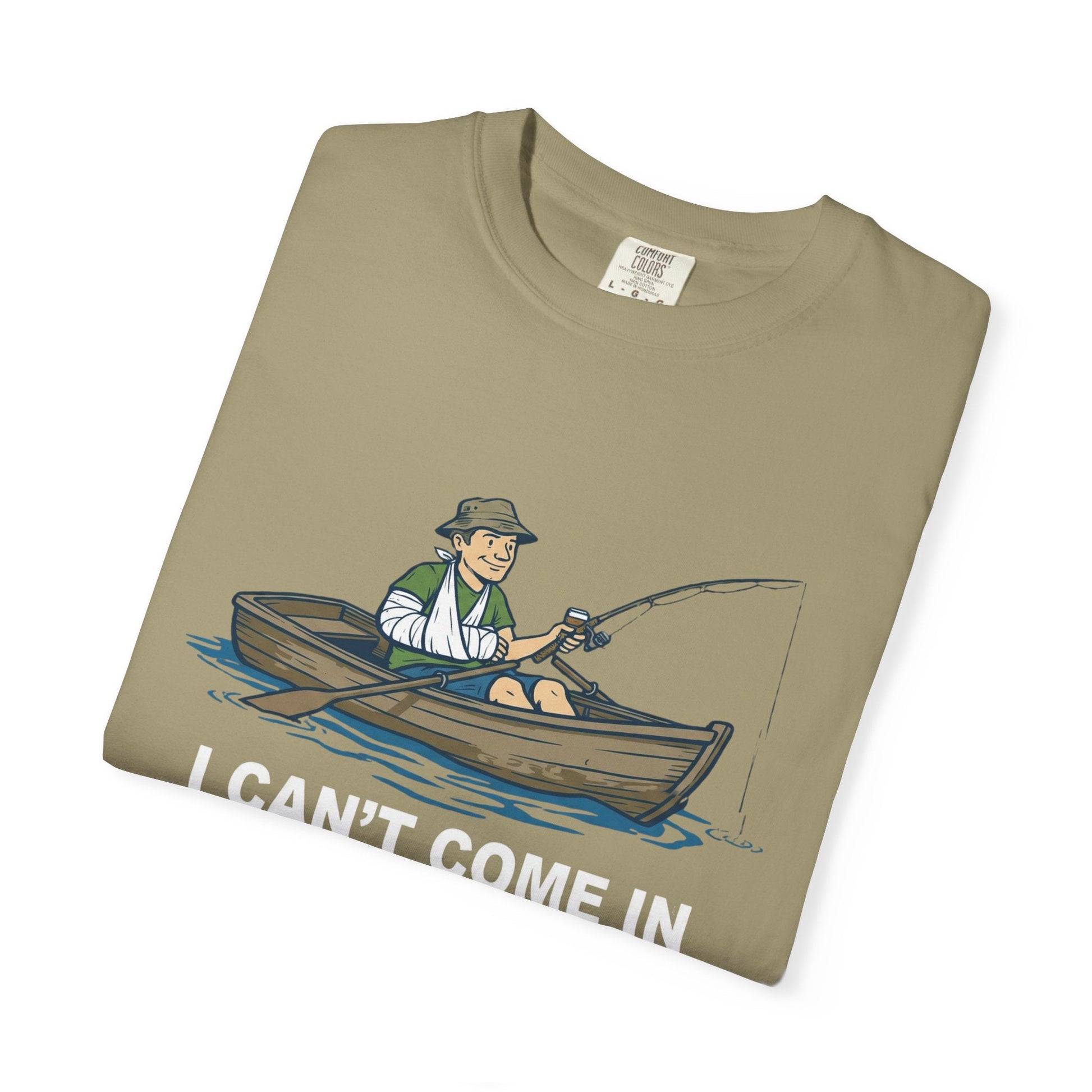 "The I Can't Come In To Work Today My Arm's In A Cast T-Shirt featuring a funny fisherman graphic on a soft cotton tee."