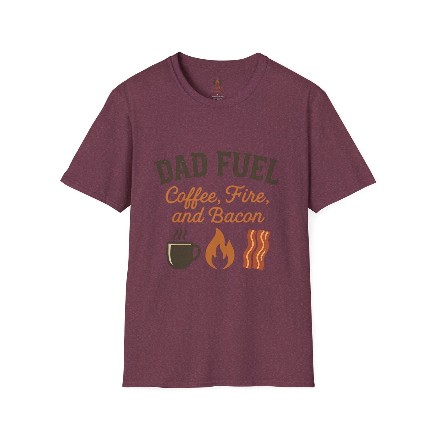 Dad Fuel T-Shirt | Funny Gift for Fathers | Coffee Fire and Bacon Tee | Unisex Softstyle Tee | Great for Birthdays and Father's Day