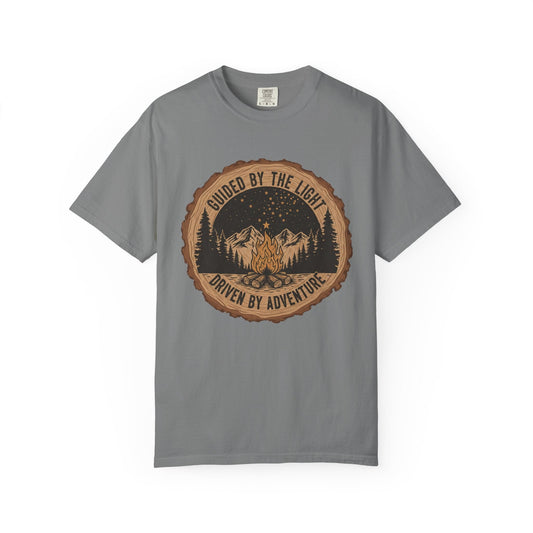 "The Guided by the Light Adventure T-Shirt Vintage Style featuring a retro mountain and lantern graphic on high-quality fabric."