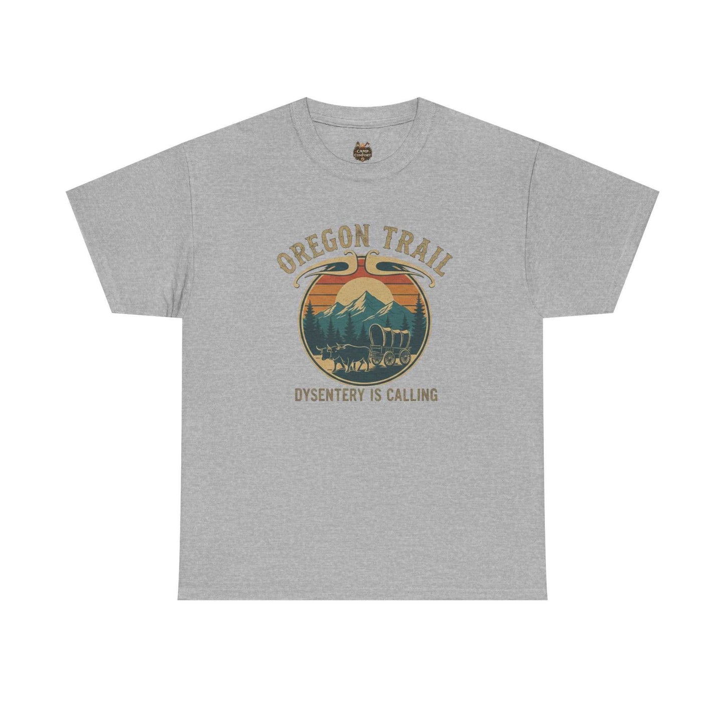 "The Oregon Trail Vintage Sunset Wagon Tee Dysentery Is Calling featuring a retro pixel-art wagon on a soft, high-quality t-shirt."