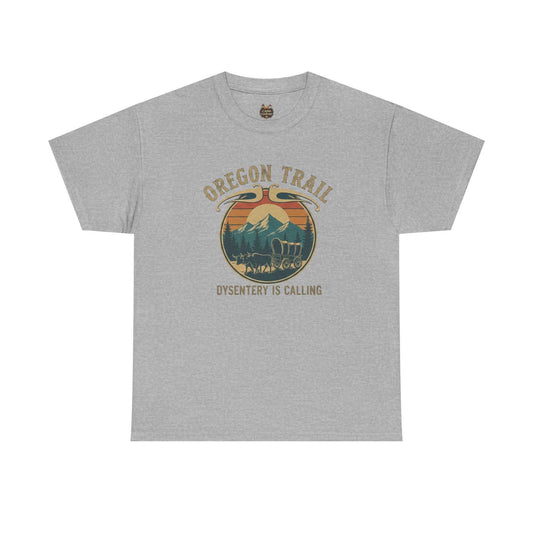 "The Oregon Trail Vintage Sunset Wagon Tee Dysentery Is Calling featuring a retro pixel-art wagon on a soft, high-quality t-shirt."