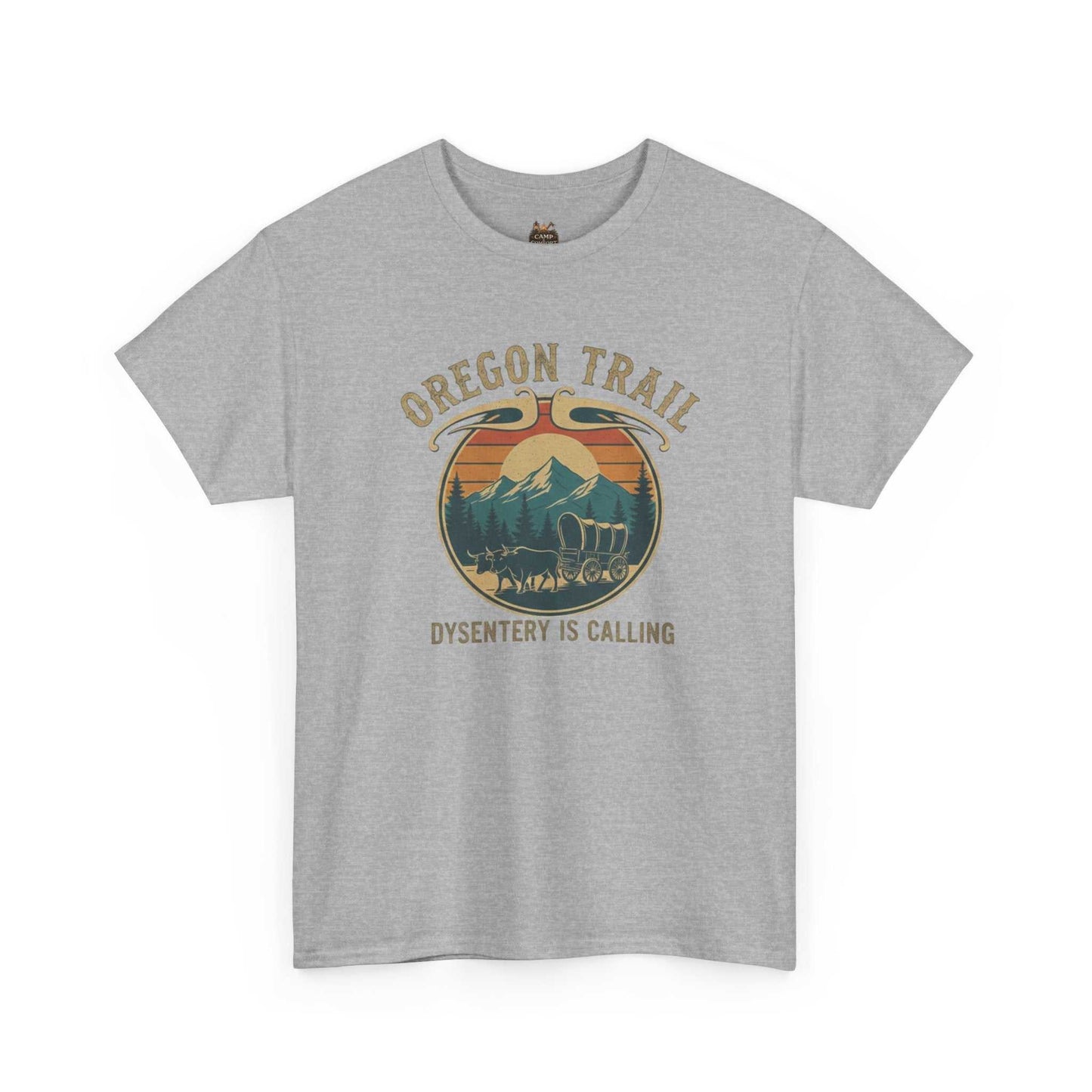 "The Oregon Trail Vintage Sunset Wagon Tee Dysentery Is Calling featuring a retro pixel-art wagon on a soft, high-quality t-shirt."