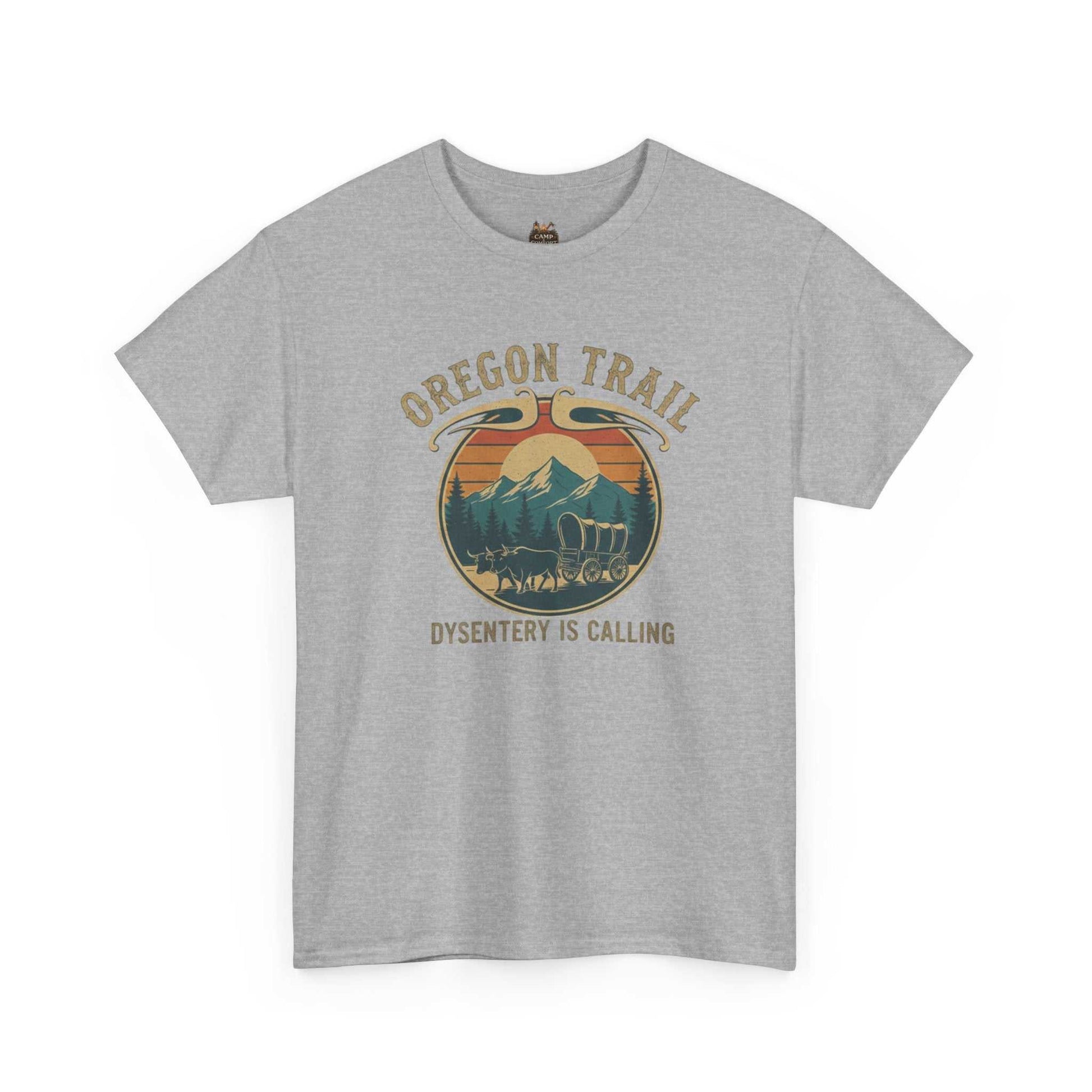 "The Oregon Trail Vintage Sunset Wagon Tee Dysentery Is Calling featuring a retro pixel-art wagon on a soft, high-quality t-shirt."