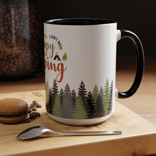 A person holding the I Don't Need Therapy I Just Need To Go Camping Mug next to a morning campfire.