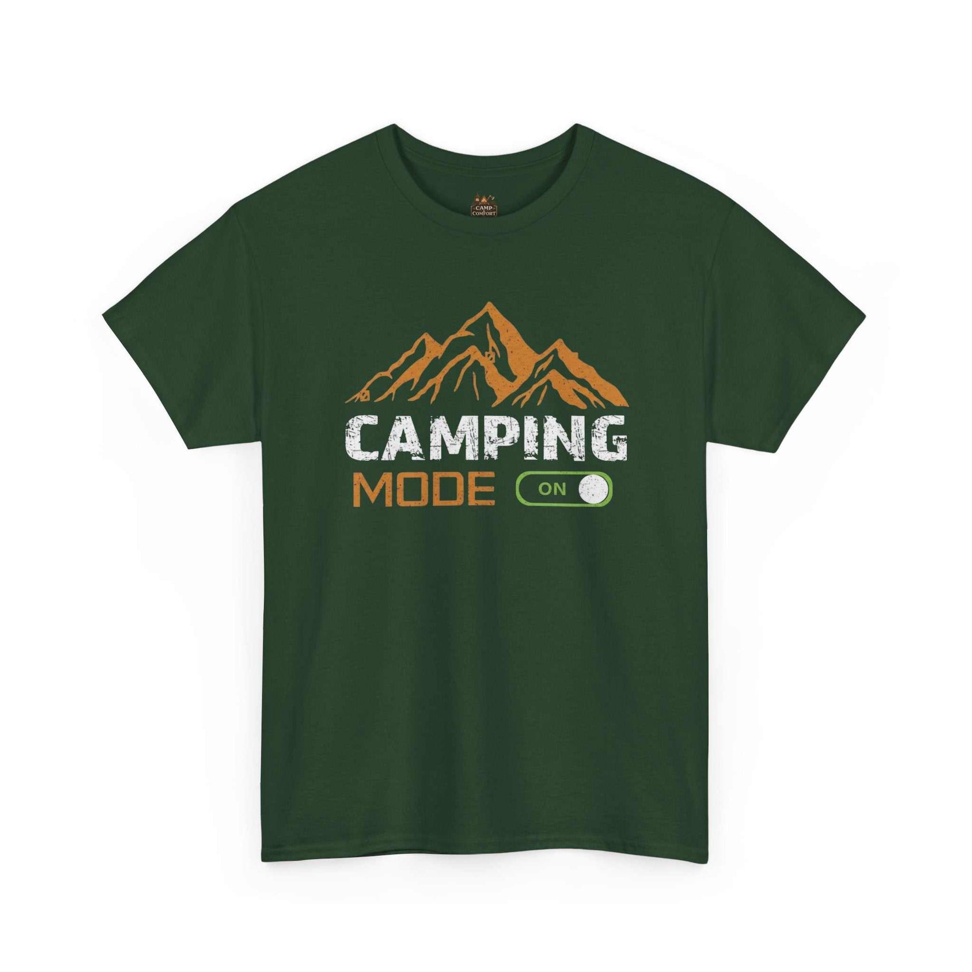 "The Camping Mode On T-Shirt | Mountain Graphic Outdoor Adventure Shirt featuring a rustic mountain peak design on a soft, high-quality fabric."