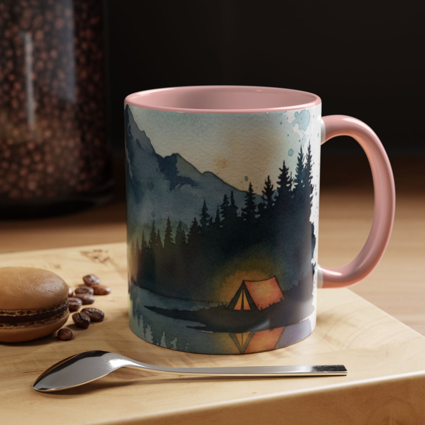 Mountain Lake Camping Accent Coffee Mug — Watercolor Outdoors Travel Mug (11/15oz)