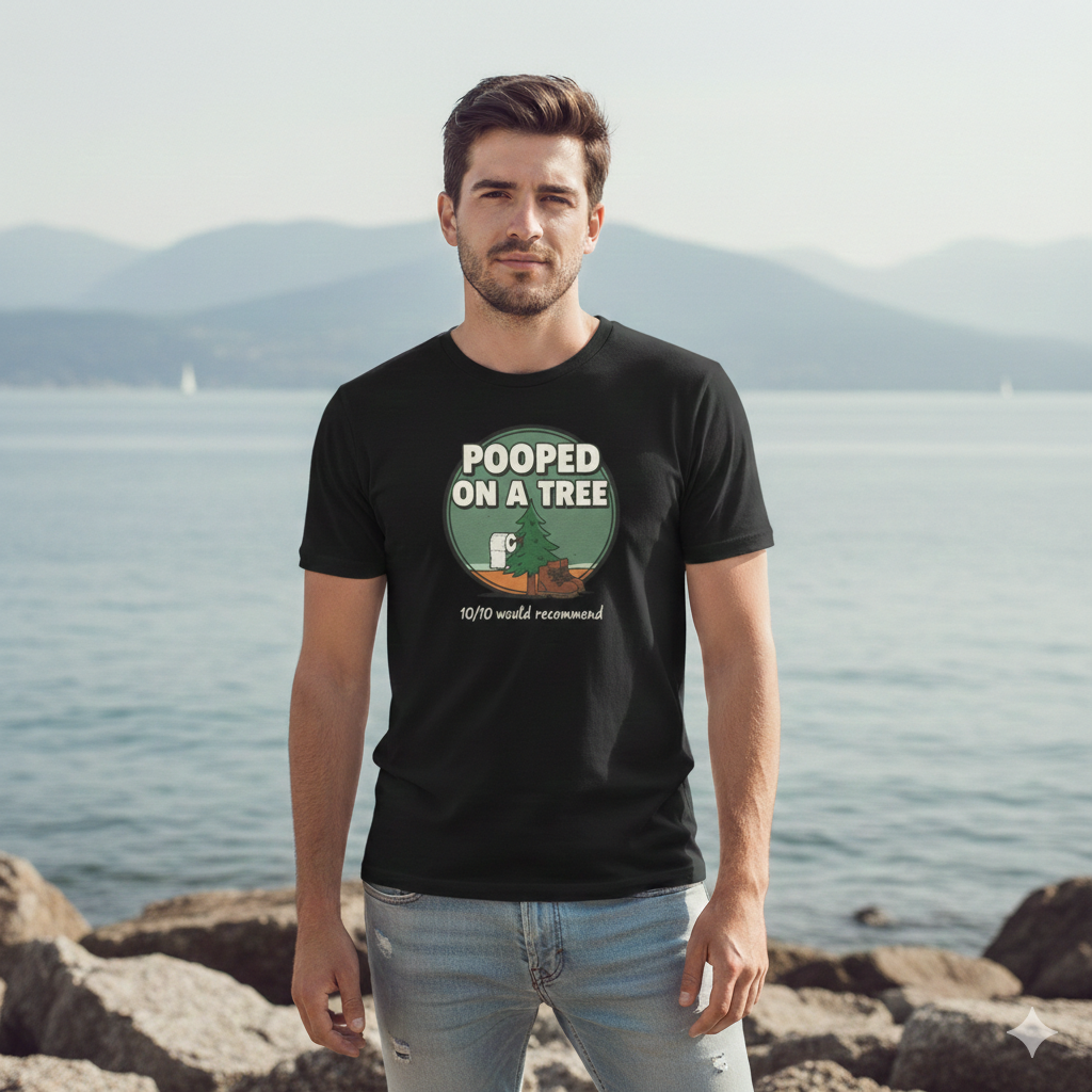 Funny bird poop graphic shirt with cheeky "Pooped On A Tree" design on dark cotton tee