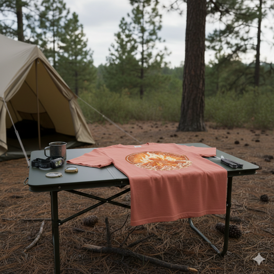 Golden Hour Campfire T-shirt with sunset camping graphic on soft garment-dyed cotton