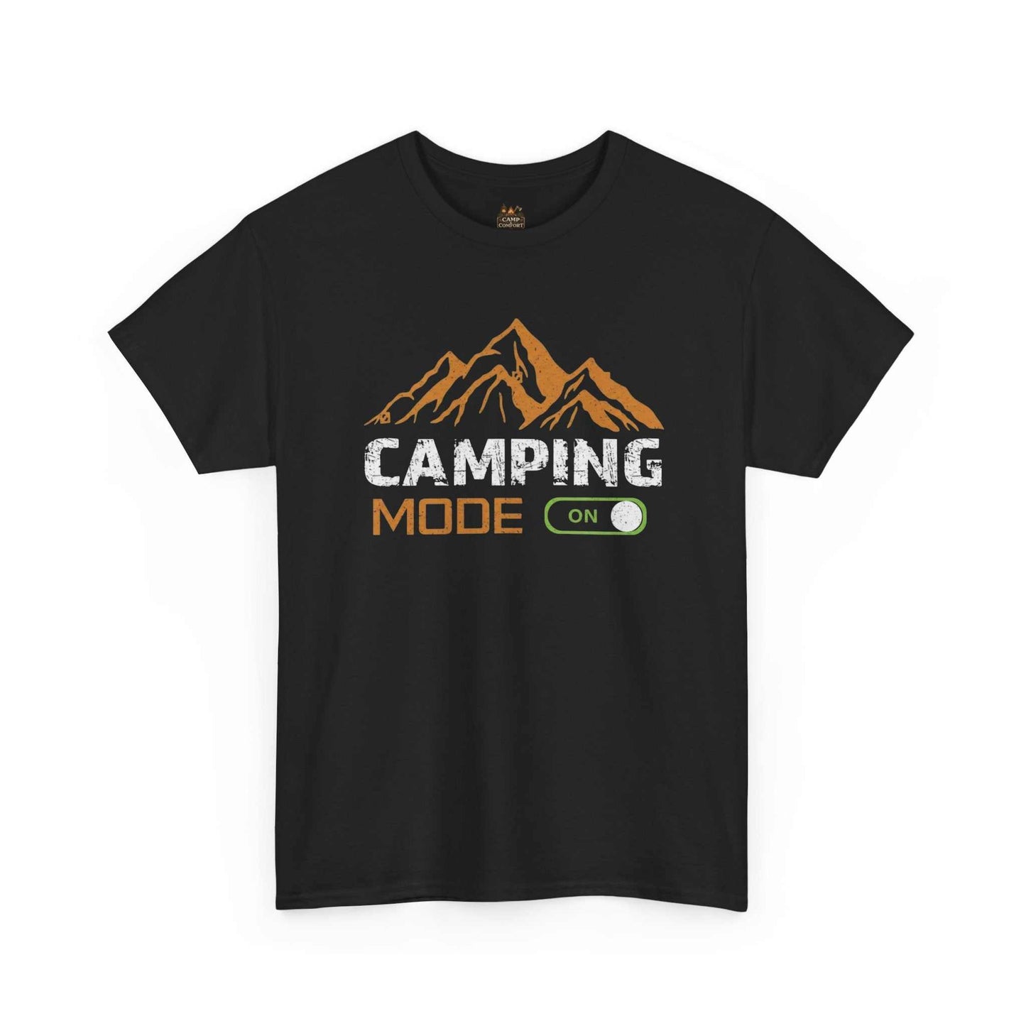"The Camping Mode On T-Shirt | Mountain Graphic Outdoor Adventure Shirt featuring a rustic mountain peak design on a soft, high-quality fabric."