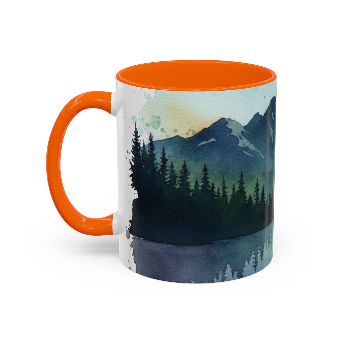 Mountain Lake Camping Accent Coffee Mug — Watercolor Outdoors Travel Mug (11/15oz)