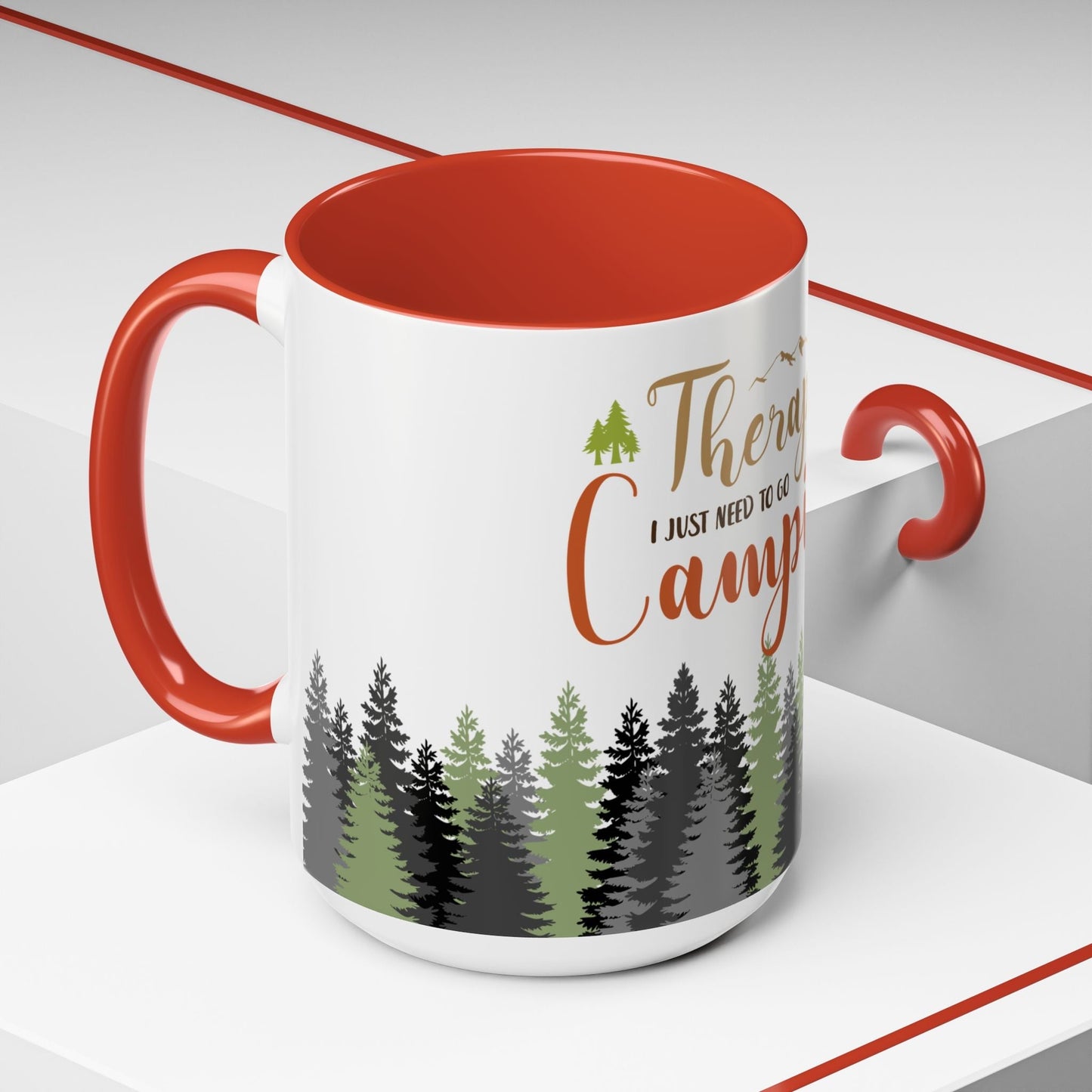 A person holding the I Don't Need Therapy I Just Need To Go Camping Mug next to a morning campfire.