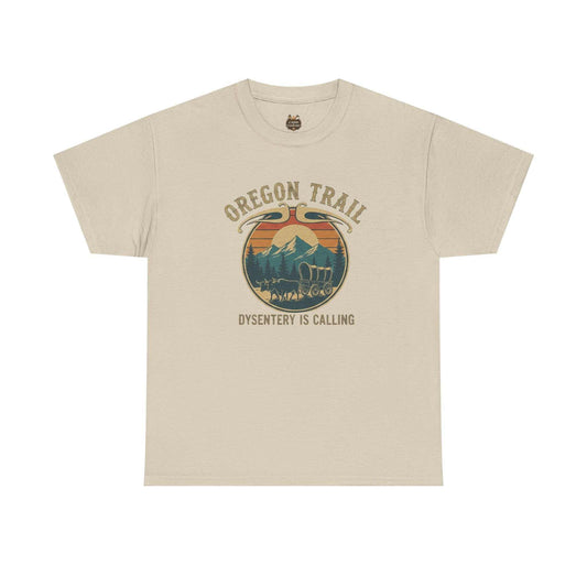 "The Oregon Trail Vintage Sunset Wagon Tee Dysentery Is Calling featuring a retro pixel-art wagon on a soft, high-quality t-shirt."