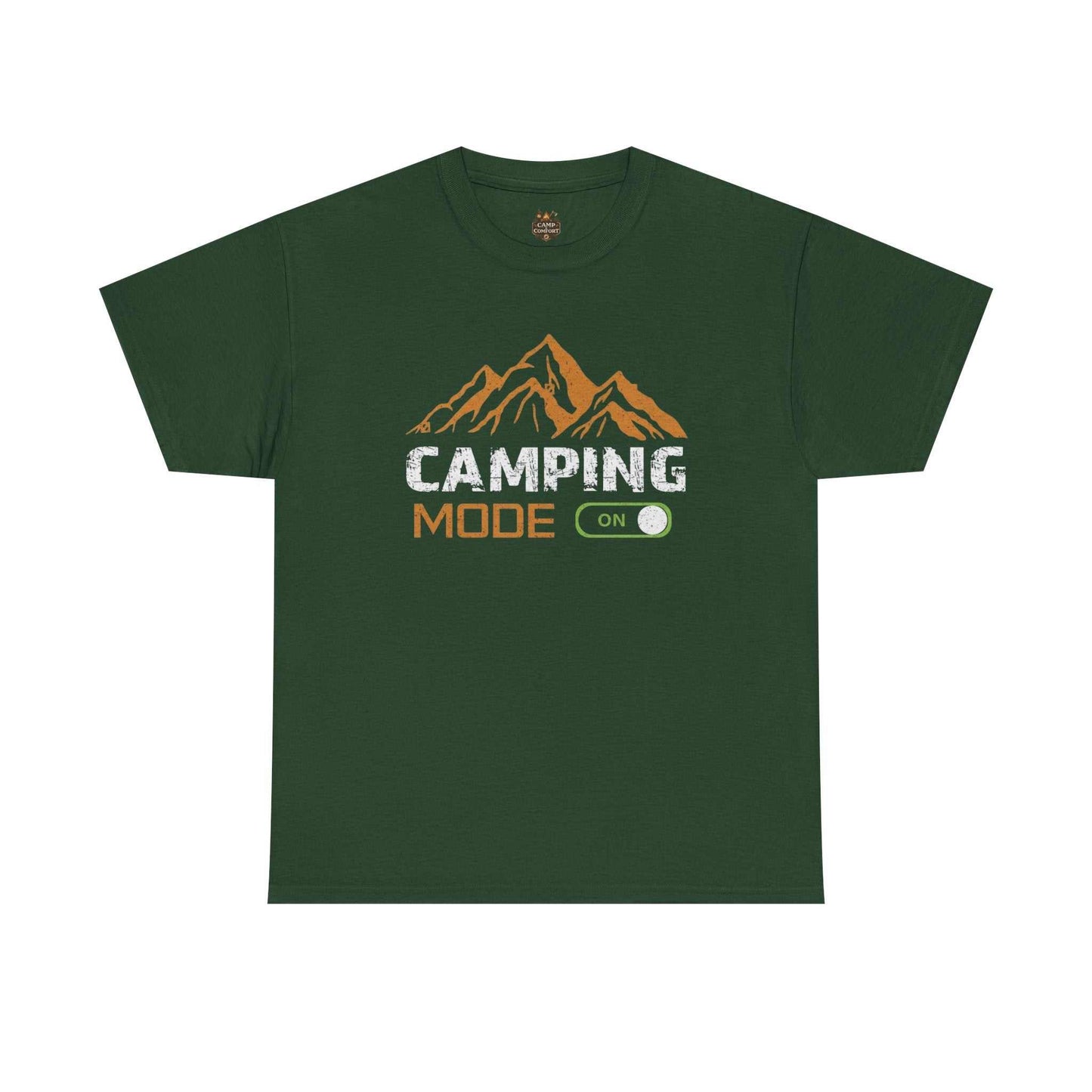 "The Camping Mode On T-Shirt | Mountain Graphic Outdoor Adventure Shirt featuring a rustic mountain peak design on a soft, high-quality fabric."